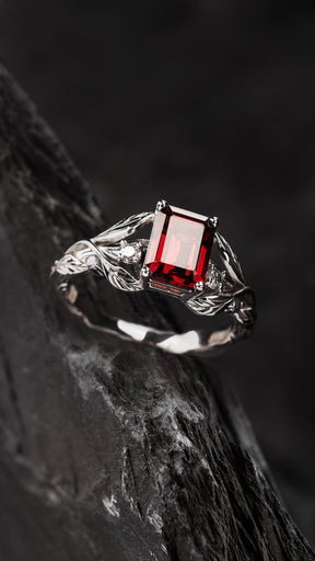 Gorgeous garnet engagement ring, gold leaves ring with diamonds / Clematis - Eden Garden Jewelry™