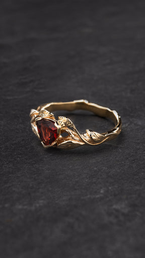 Trillion garnet engagement ring, nature inspired gold ring / Clematis - Eden Garden Jewelry™