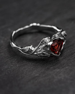 Trillion cut red garnet branch ring / Clematis