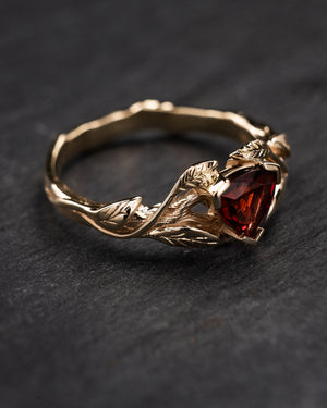 Trillion garnet engagement ring, nature inspired gold ring / Clematis