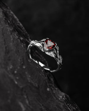 Trillion cut red garnet branch ring / Clematis