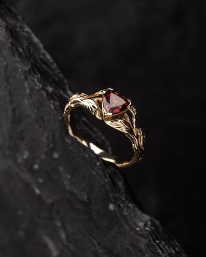 Trillion garnet engagement ring, nature inspired gold ring / Clematis