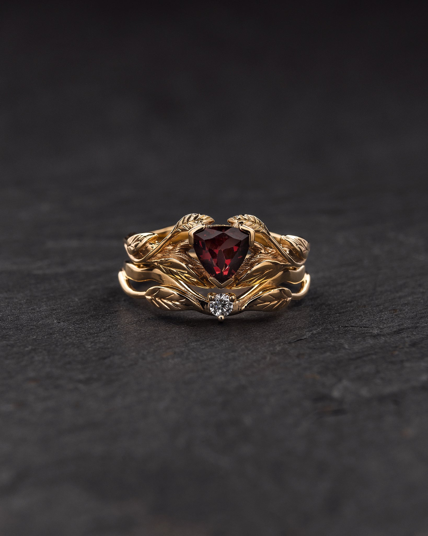 Trillion garnet engagement ring, nature inspired gold ring / Clematis