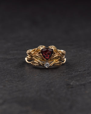 Trillion garnet engagement ring, nature inspired gold ring / Clematis