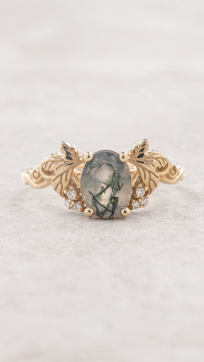 Moss agate and diamonds engagement ring, gold leaf and vine engagement ring / Vineyard - Eden Garden Jewelry™