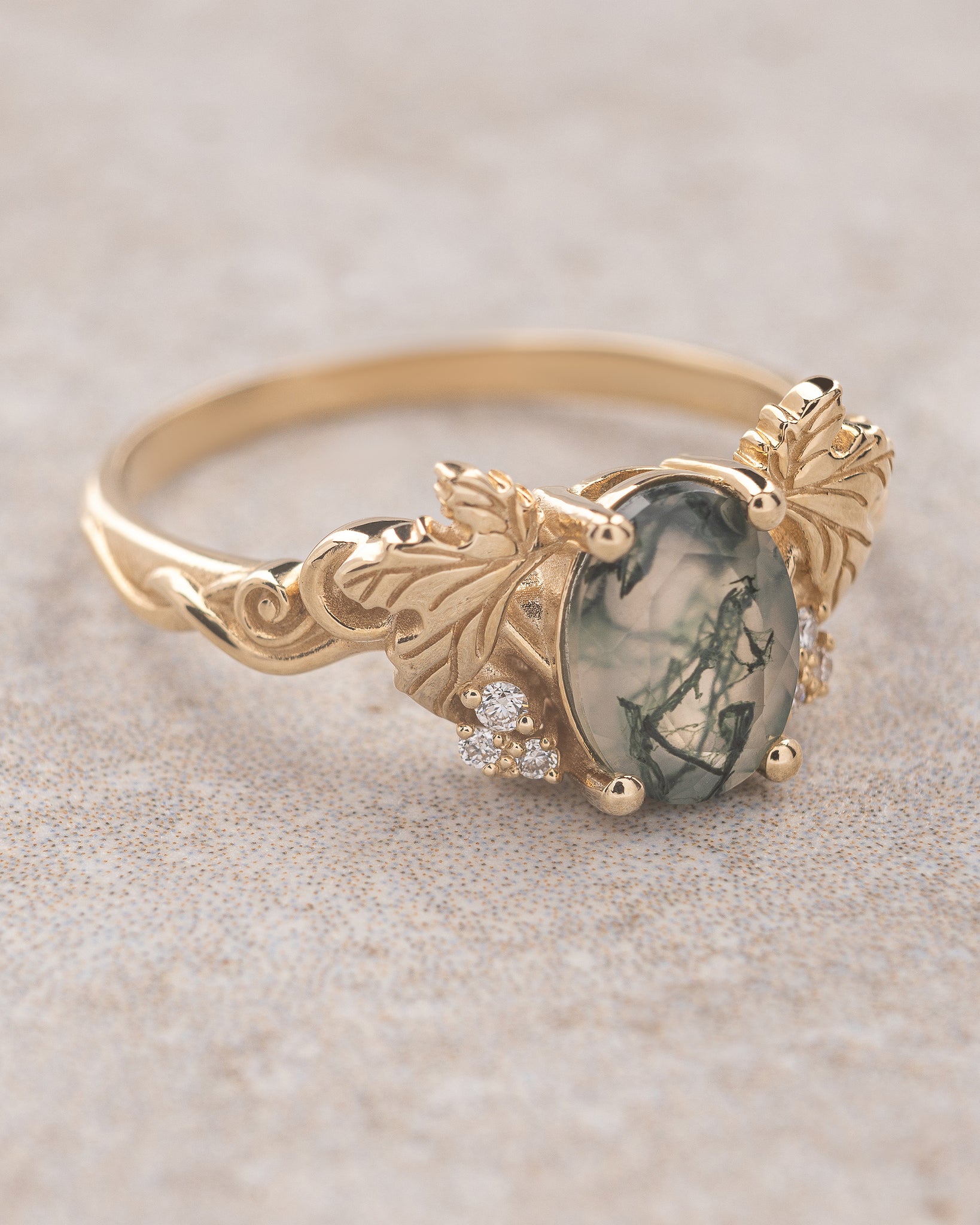 Moss agate and diamonds engagement ring, gold leaf and vine engagement ring / Vineyard