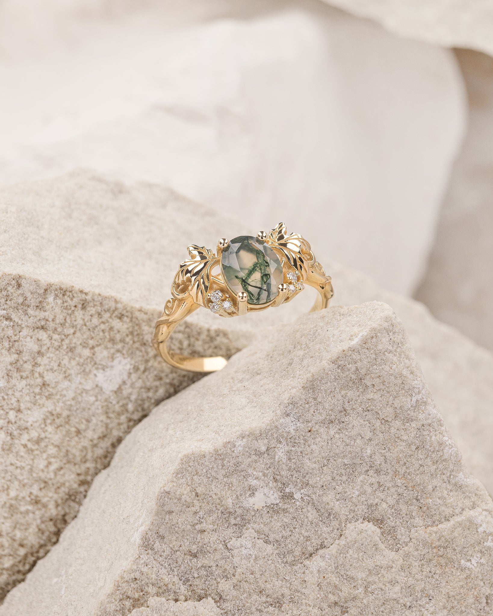 Moss agate and diamonds engagement ring, gold leaf and vine engagement ring / Vineyard