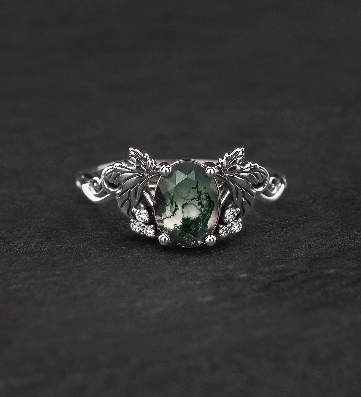 Moss agate and diamonds engagement ring, gold leaf and vine engagement ring / Vineyard - Eden Garden Jewelry™