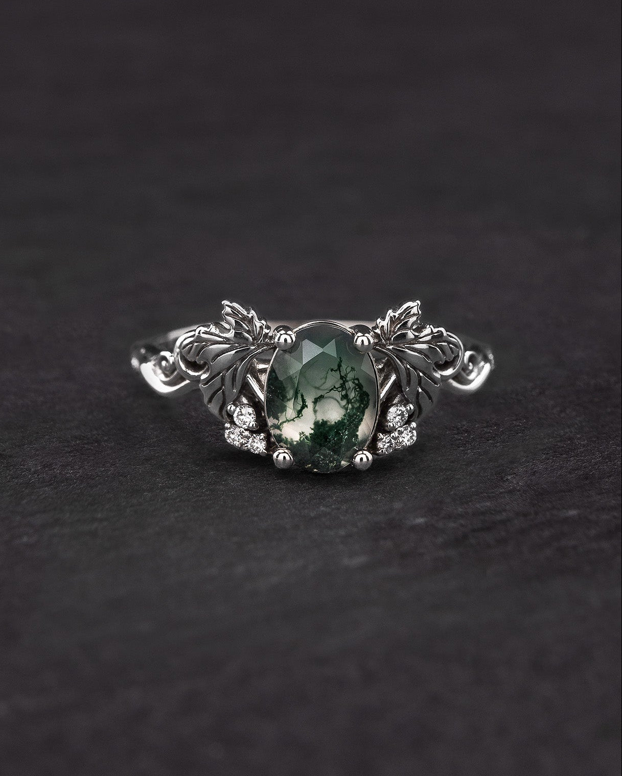 Moss agate and diamonds engagement ring, gold leaf and vine engagement ring / Vineyard - Eden Garden Jewelry™