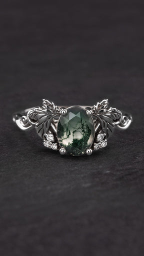 Moss agate and diamonds engagement ring, gold leaf and vine engagement ring / Vineyard - Eden Garden Jewelry™