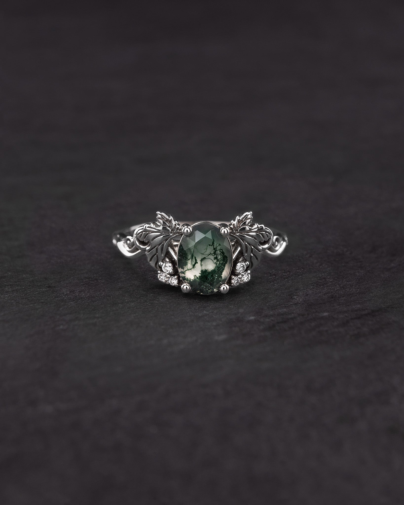 Moss agate and diamonds engagement ring, gold leaf and vine engagement ring / Vineyard - Eden Garden Jewelry™