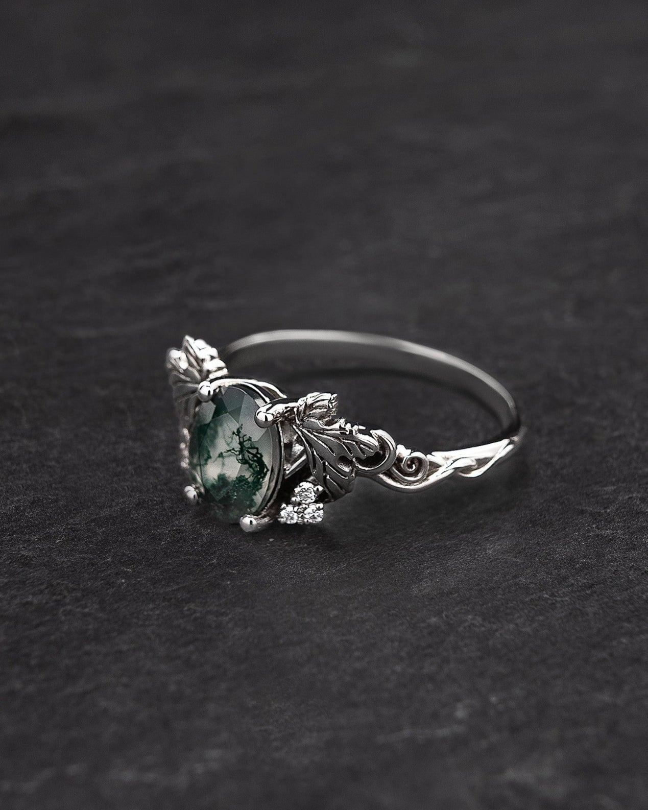 Moss agate and diamonds engagement ring, gold leaf and vine engagement ring / Vineyard - Eden Garden Jewelry™