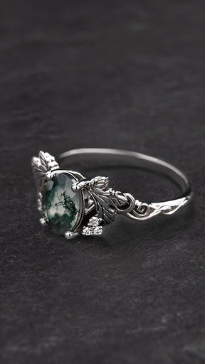 Moss agate and diamonds engagement ring, gold leaf and vine engagement ring / Vineyard - Eden Garden Jewelry™