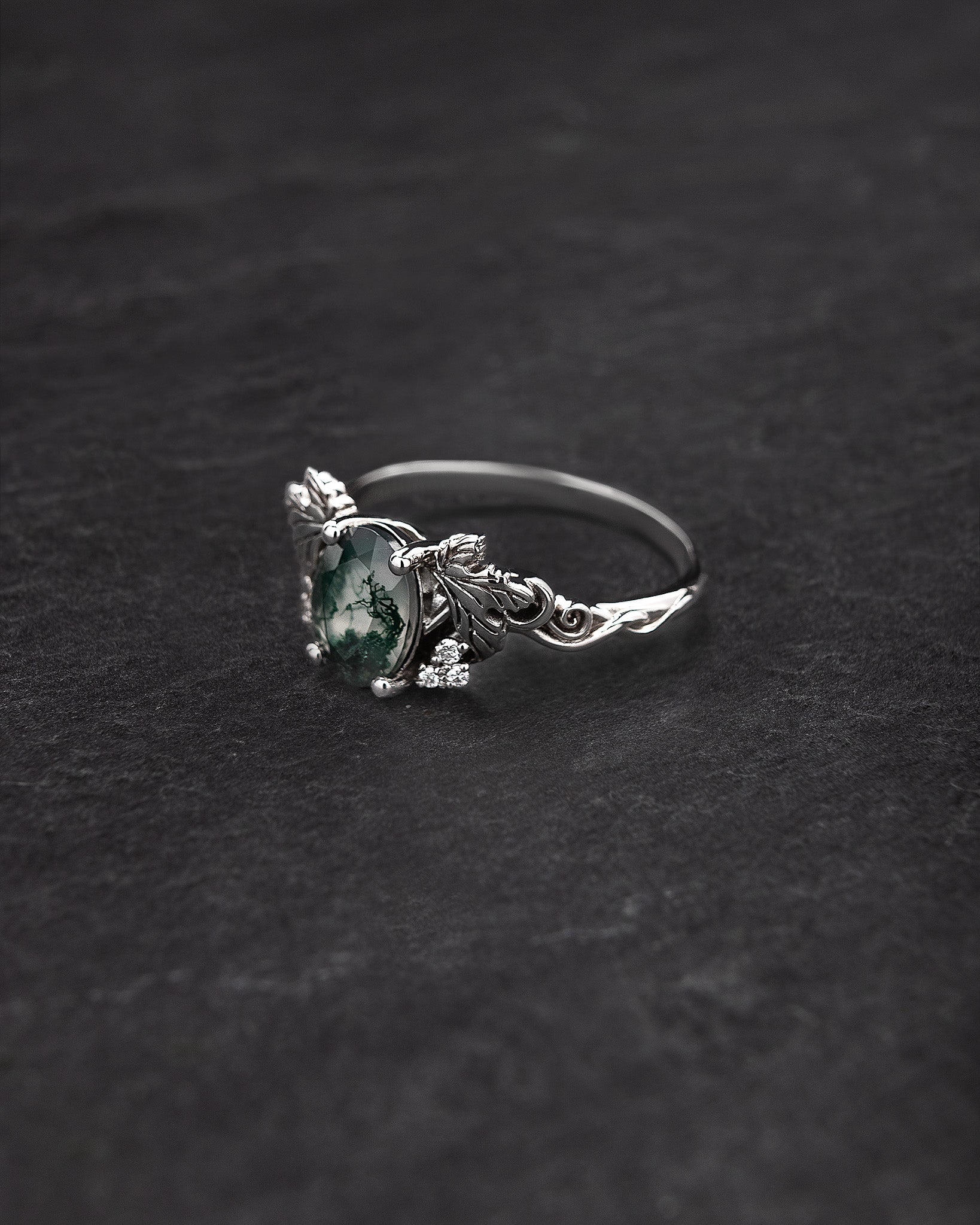 Moss agate and diamonds engagement ring, gold leaf and vine engagement ring / Vineyard - Eden Garden Jewelry™