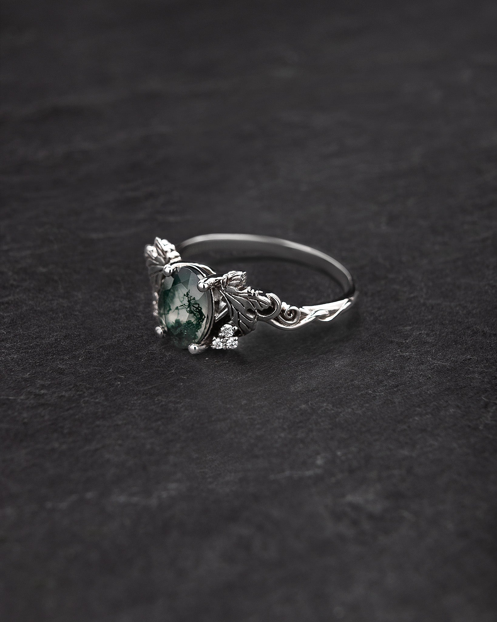 Moss agate and diamonds engagement ring, gold leaf and vine engagement ring / Vineyard