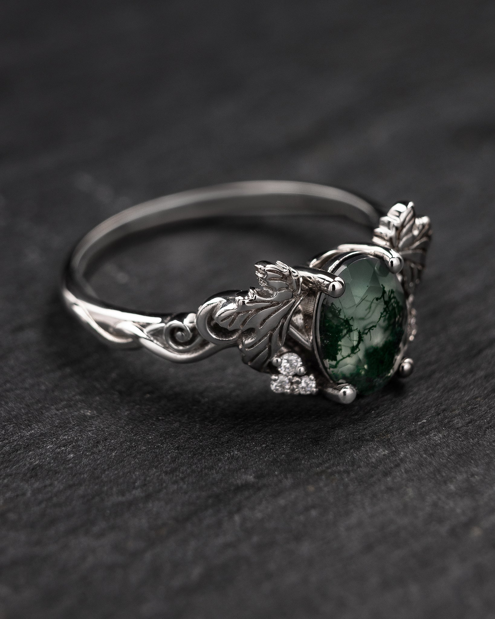 Moss agate and diamonds engagement ring, gold leaf and vine engagement ring / Vineyard