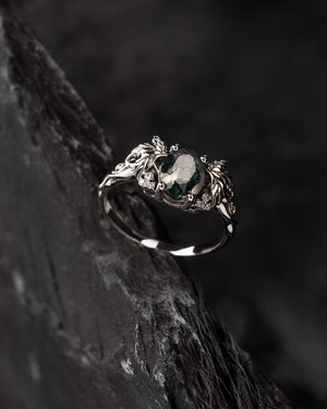 Moss agate and diamonds engagement ring, gold leaf and vine engagement ring / Vineyard