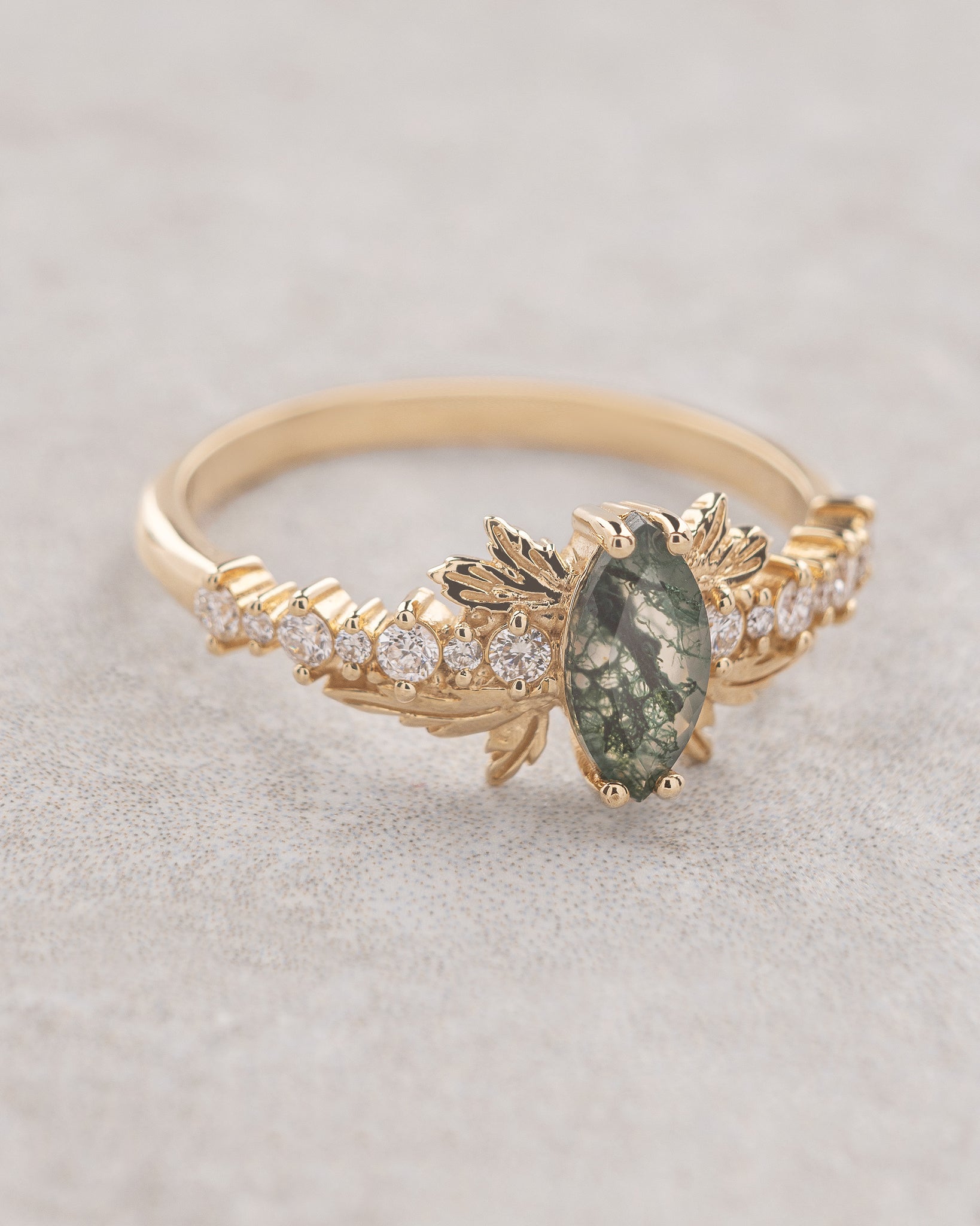 Marquise cut moss agate bridal ring set, nature inspired engagement ring / Verbena