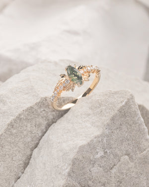 Marquise cut moss agate bridal ring set, nature inspired engagement ring / Verbena