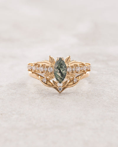 Alternative engagement ring with moss agate and gold leaf design / Verbena - Eden Garden Jewelry™