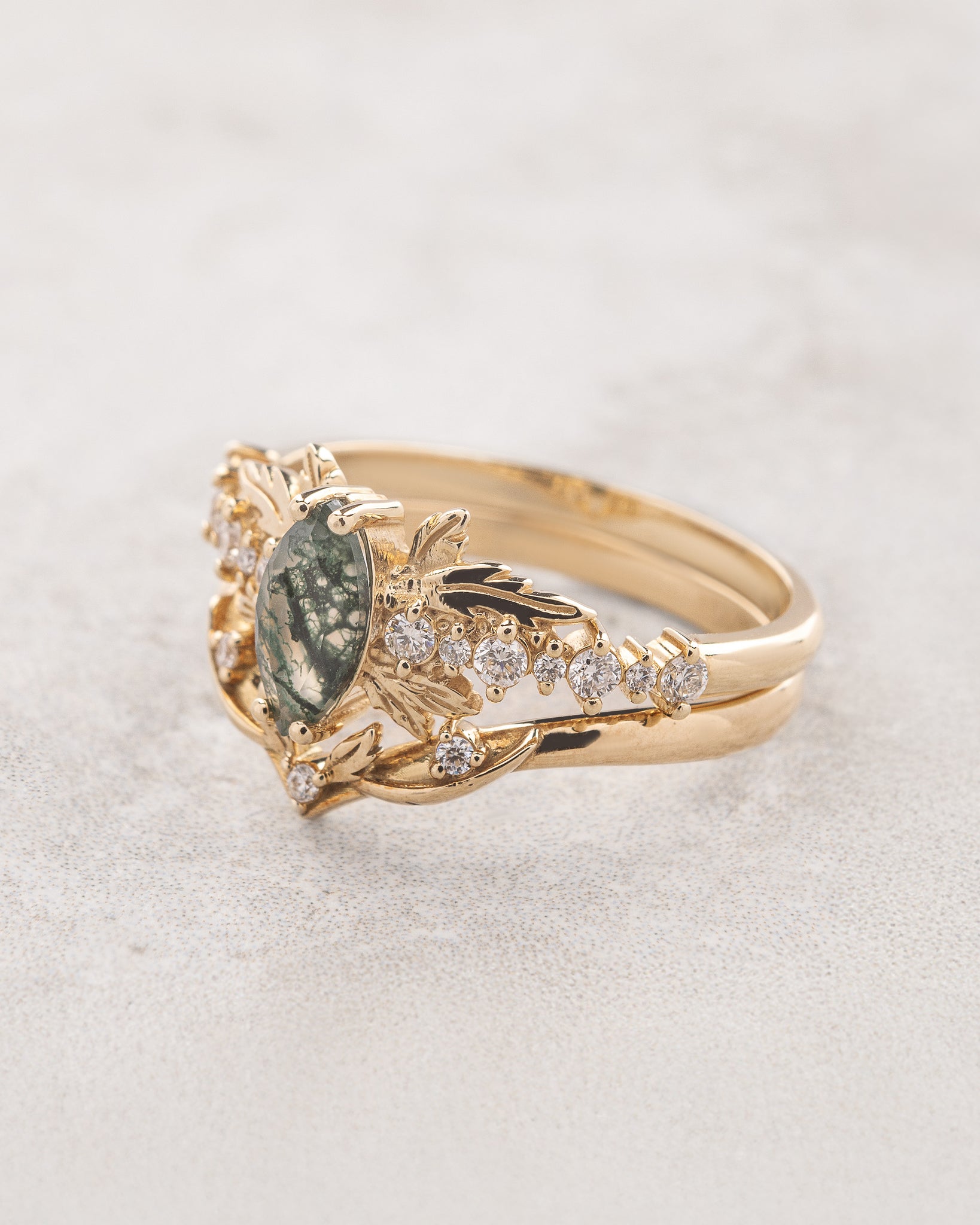 Marquise cut moss agate bridal ring set, nature inspired engagement ring / Verbena