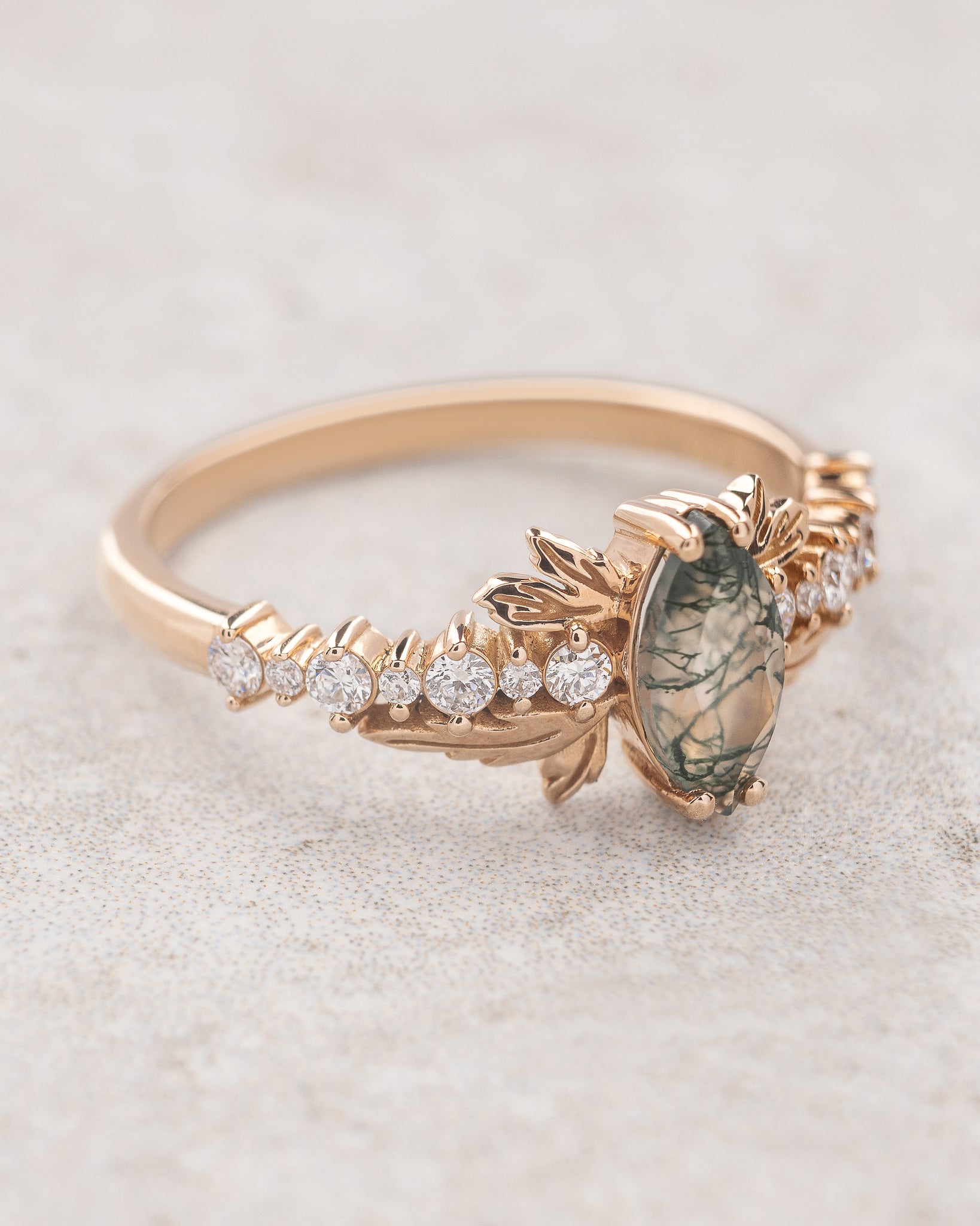 Alternative engagement ring with moss agate and gold leaf design / Verbena