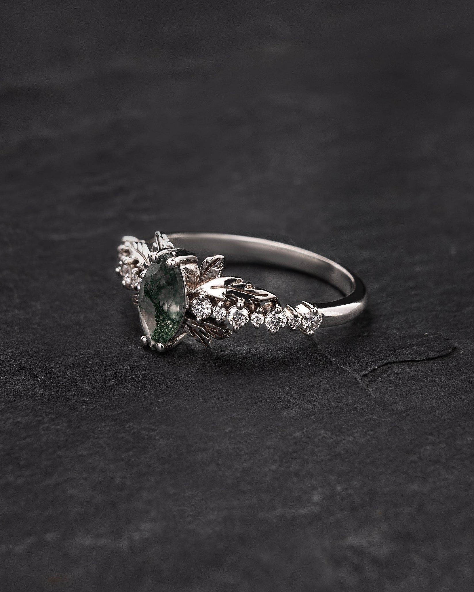 Natural moss agate engagement ring with diamonds, nature inspired gold leaf ring / Verbena - Eden Garden Jewelry™