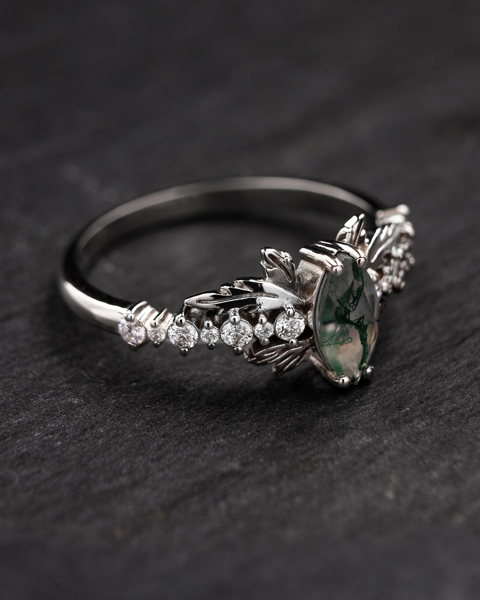 Natural moss agate engagement ring with diamonds, nature inspired gold leaf ring / Verbena