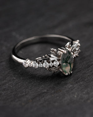 Natural moss agate engagement ring with diamonds, nature inspired gold leaf ring / Verbena