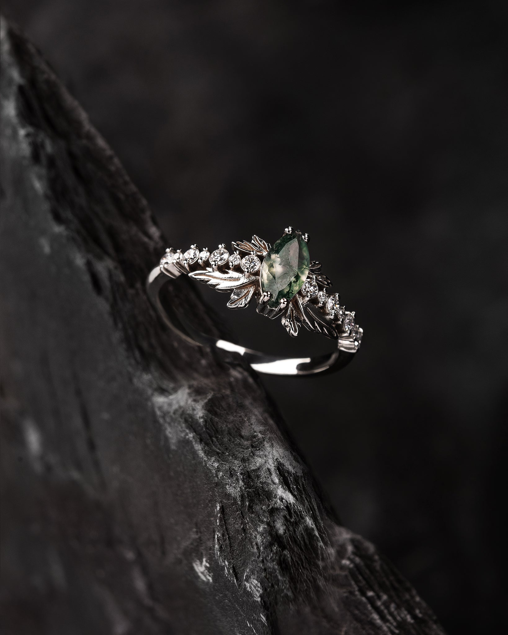 Natural moss agate engagement ring with diamonds, nature inspired gold leaf ring / Verbena