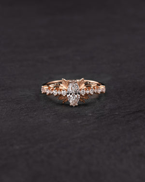 Marquise lab grown diamond engagement ring, gold leaf ring / Verbena