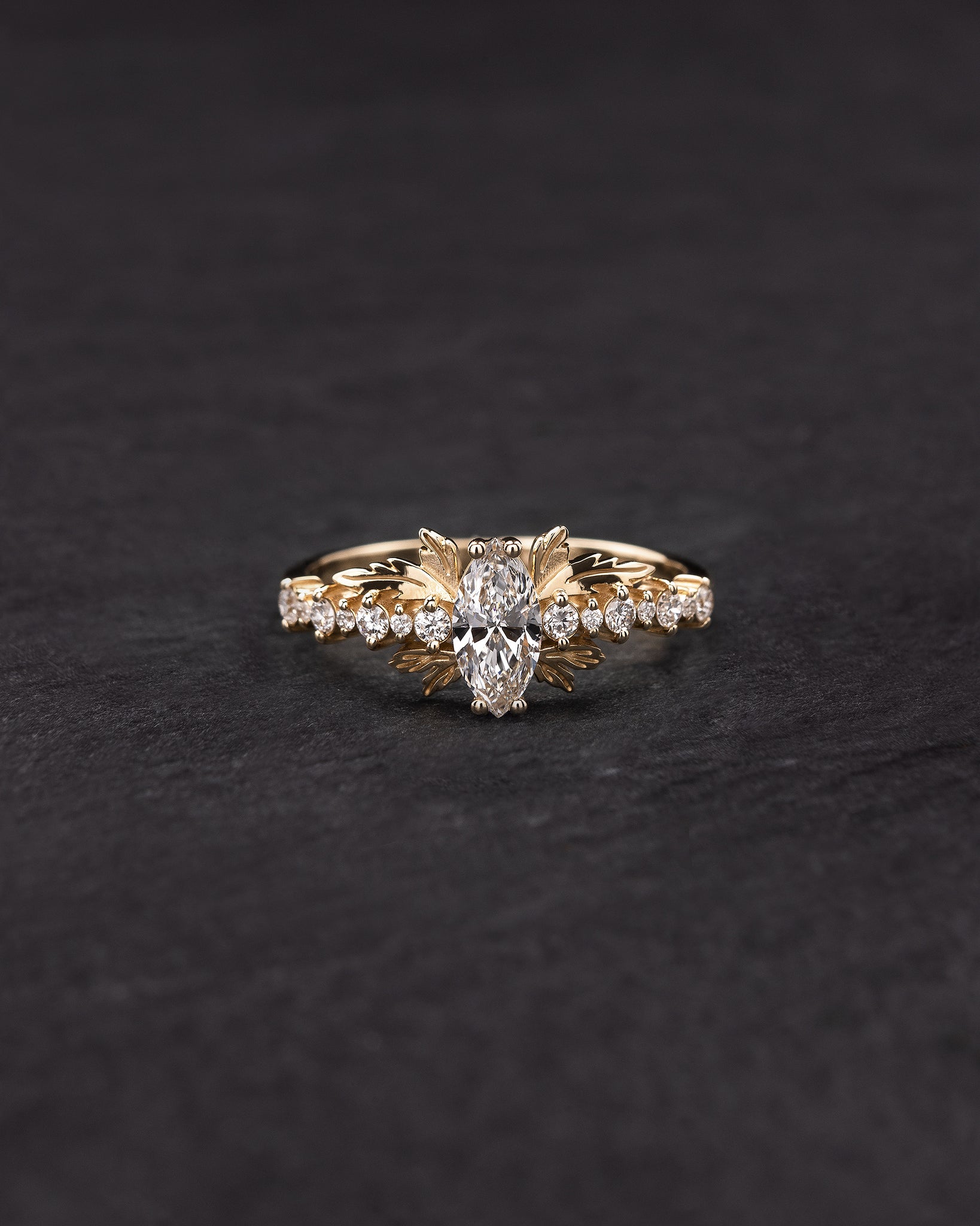 Marquise lab grown diamond bridal ring set with exquisite leaf design / Verbena