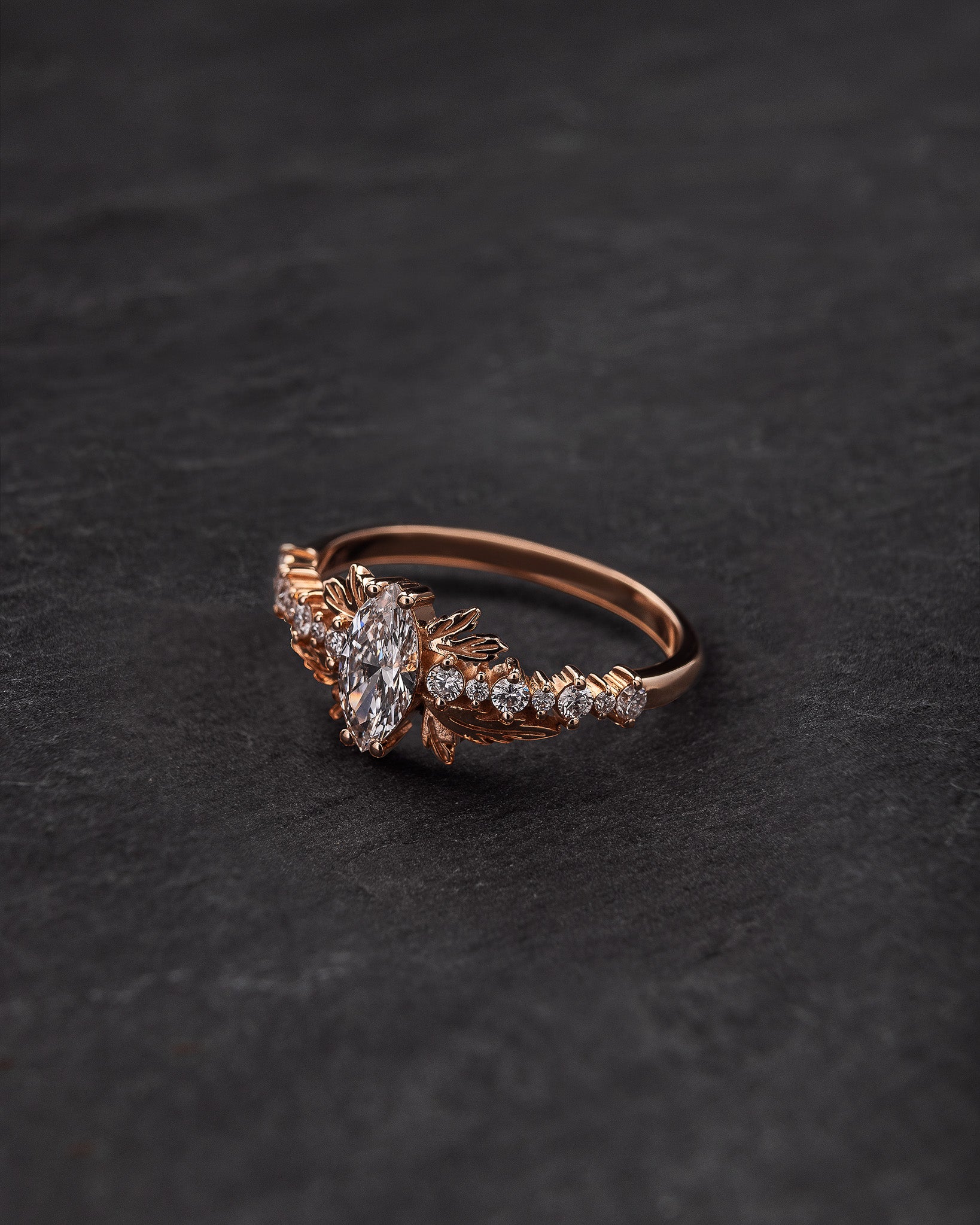 Marquise lab grown diamond engagement ring, gold leaf ring / Verbena - Eden Garden Jewelry™