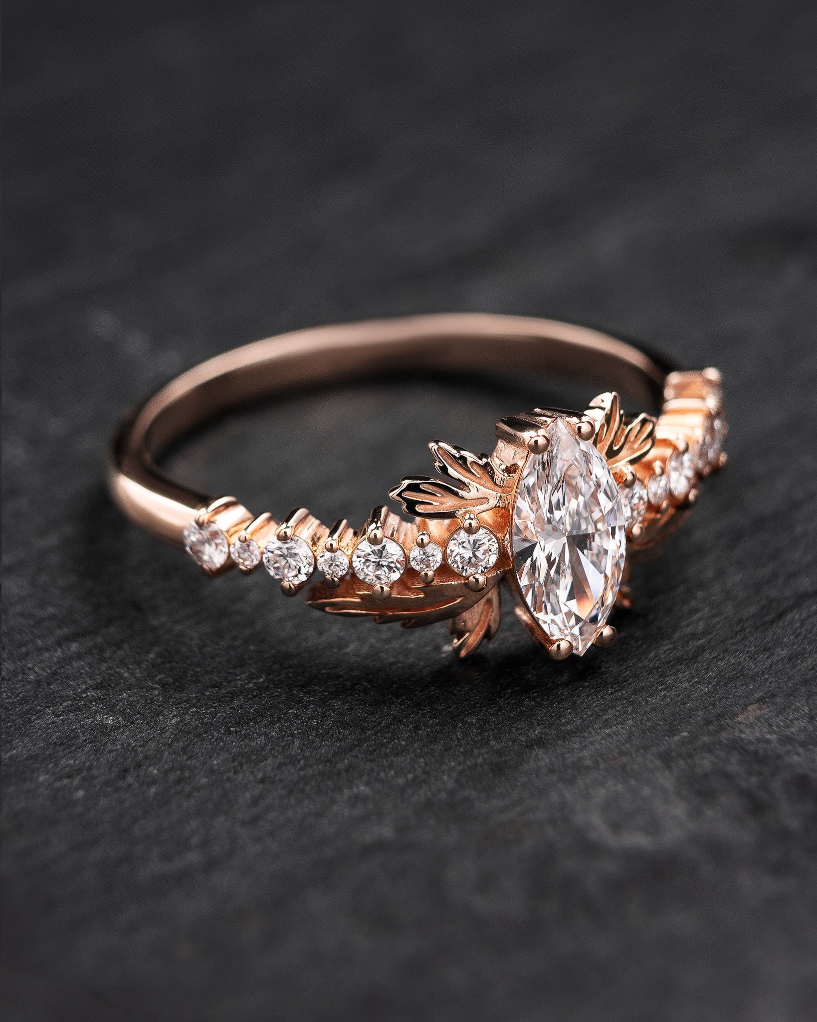 Marquise lab grown diamond engagement ring, gold leaf ring / Verbena