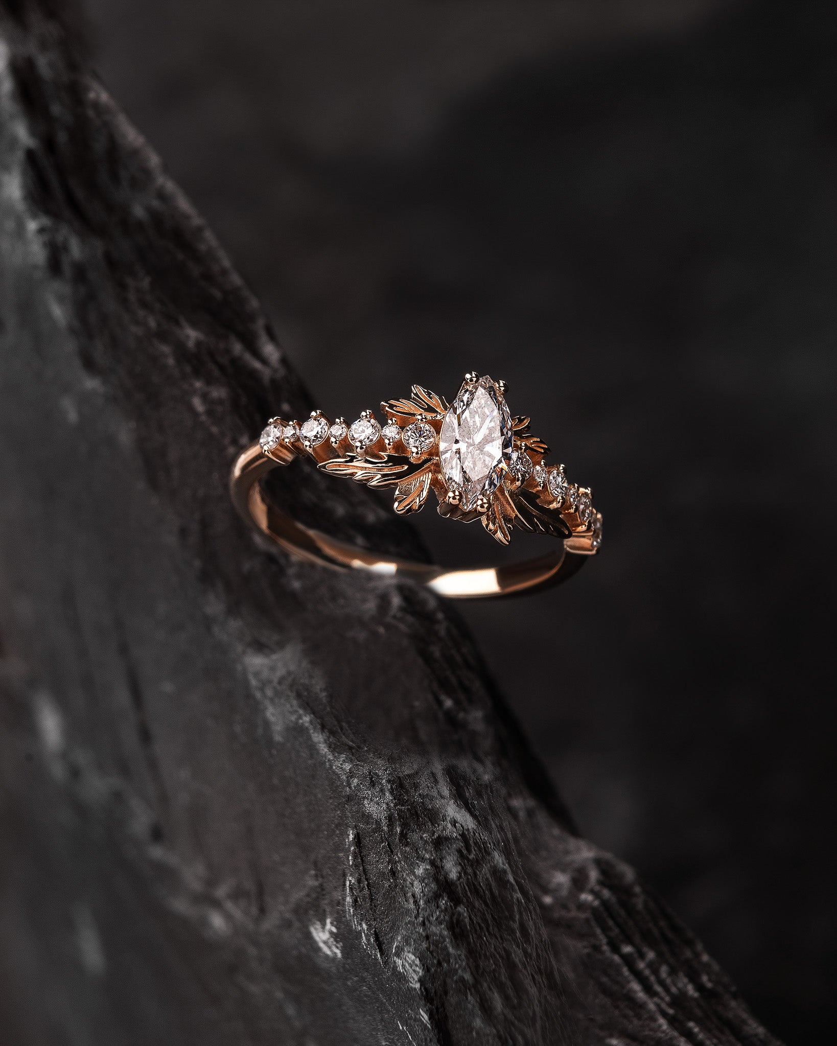 Marquise lab grown diamond engagement ring, gold leaf ring / Verbena - Eden Garden Jewelry™