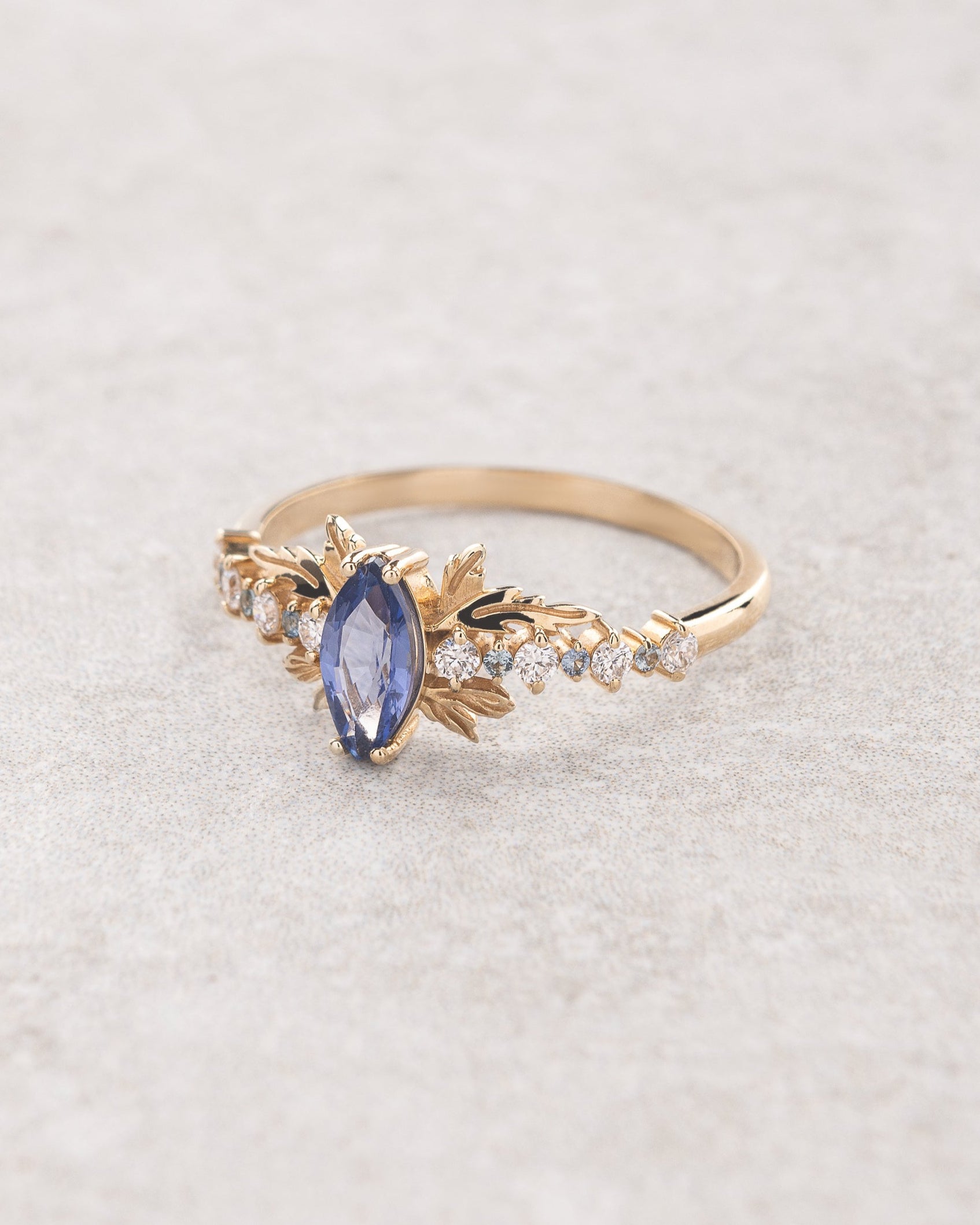 Natural blue sapphire engagement ring with small diamonds & sapphires / Verbena - Eden Garden Jewelry™