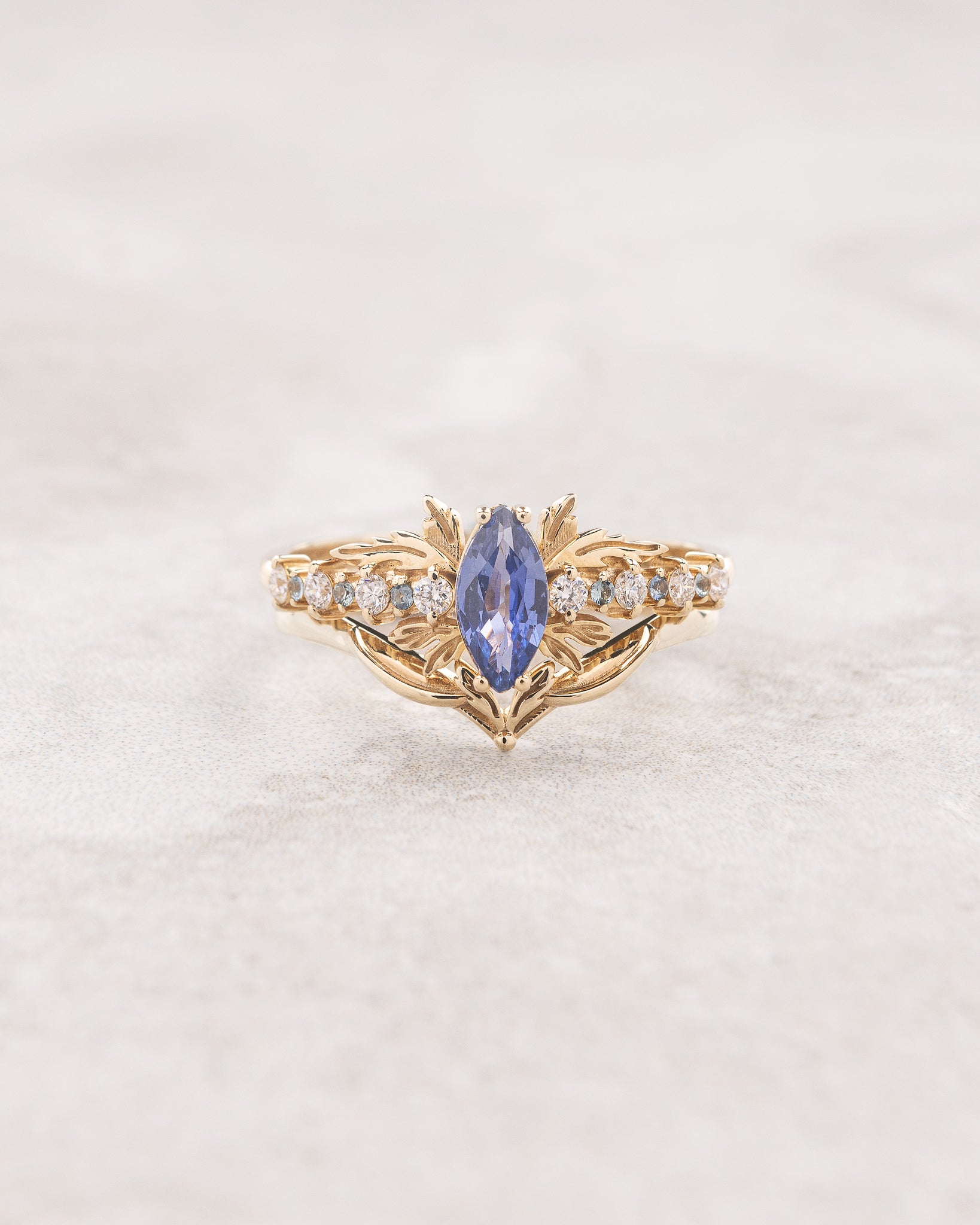 Natural blue sapphire engagement ring with small diamonds & sapphires / Verbena