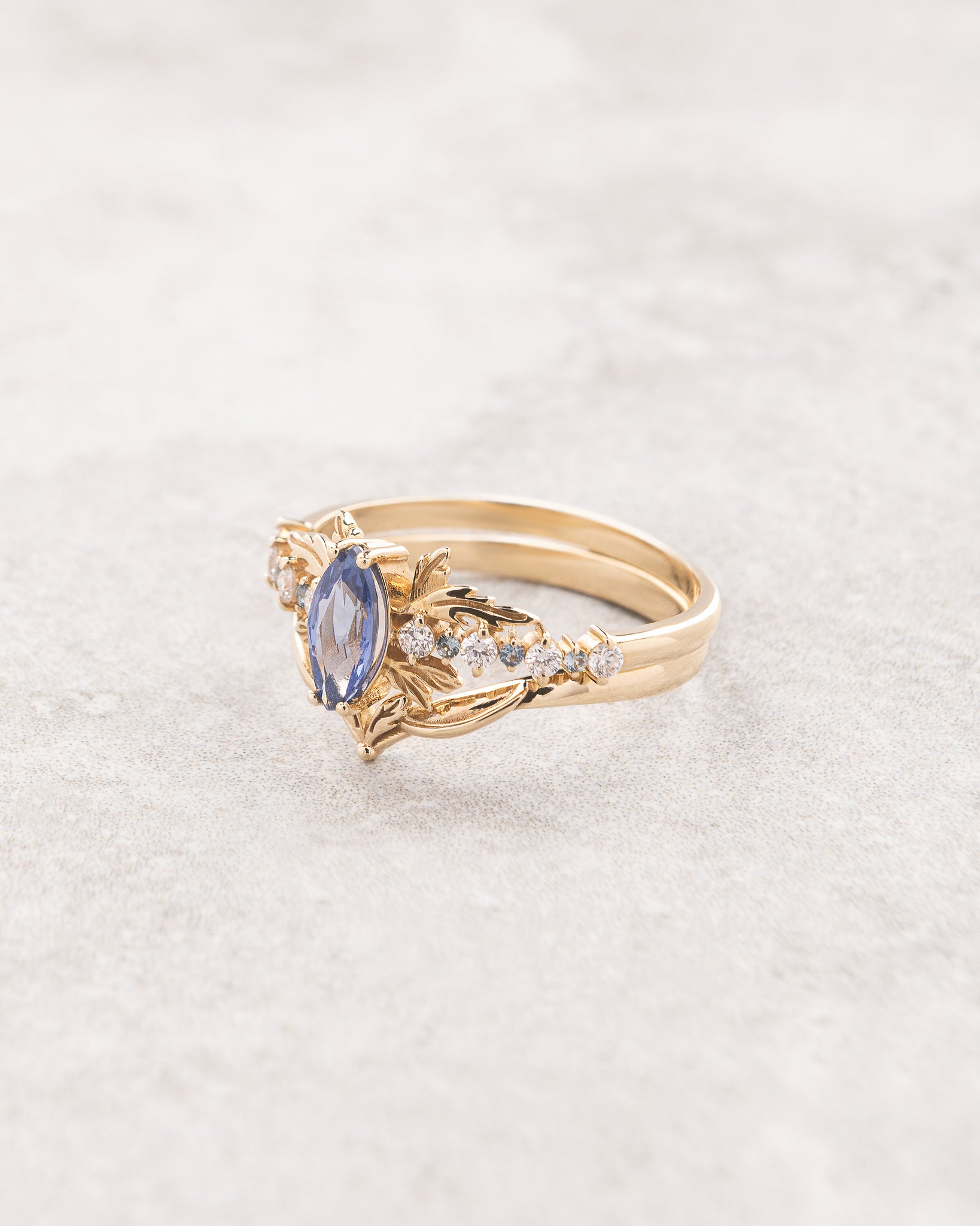 Unusual sapphire bridal ring set with scattered diamonds & sapphires / Verbena