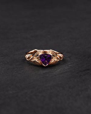 Yellow gold branch ring with vivid purple amethyst / Clematis