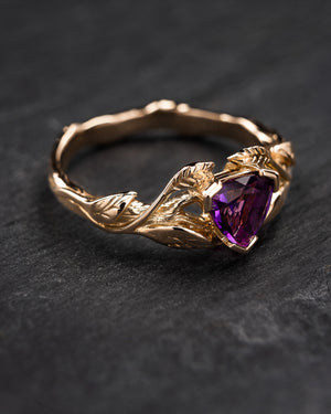 Yellow gold branch ring with vivid purple amethyst / Clematis