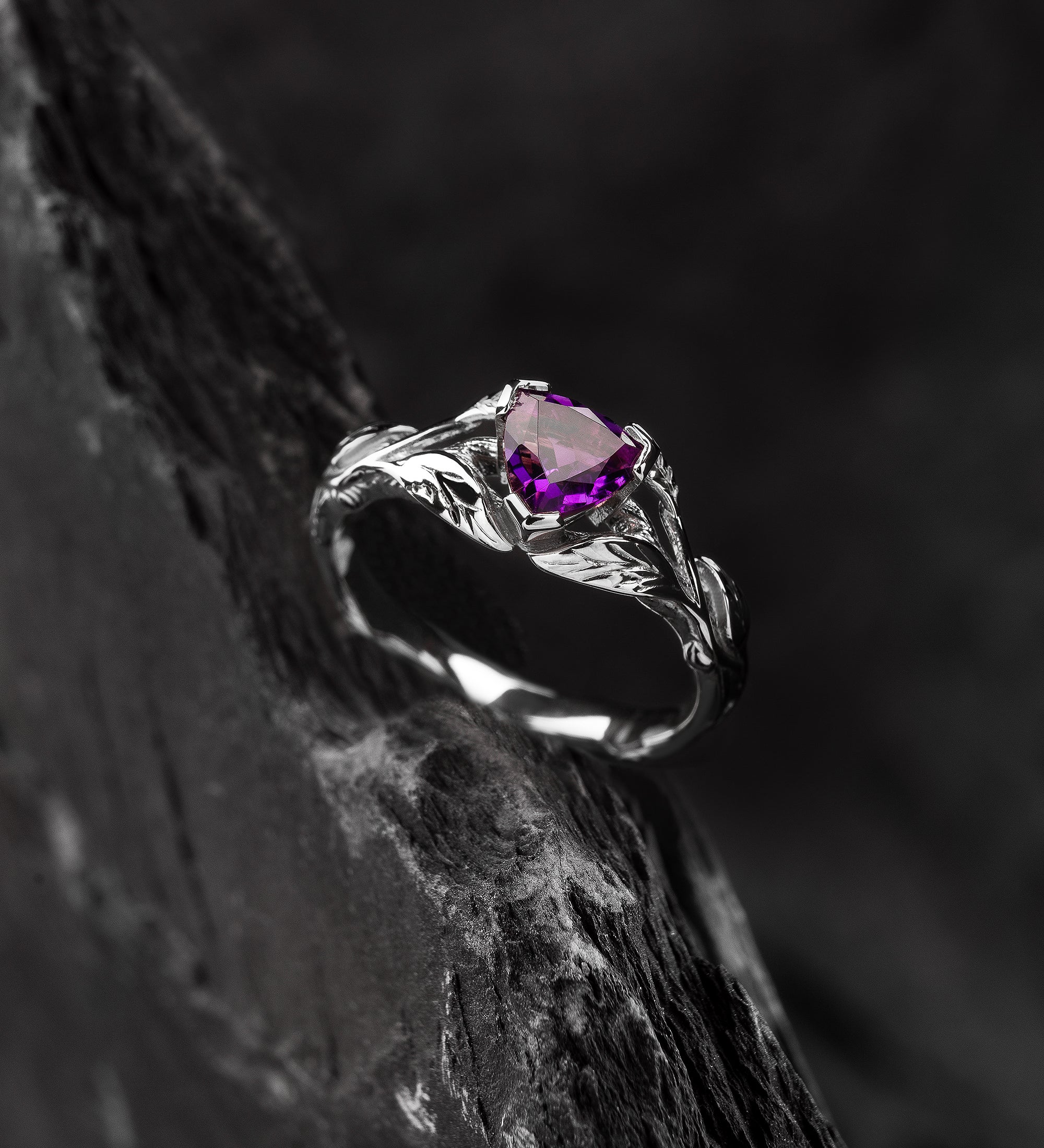 Alternative engagement ring with trillion cut amethyst Clematis