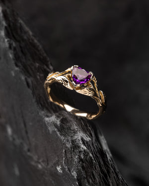 Yellow gold branch ring with vivid purple amethyst / Clematis