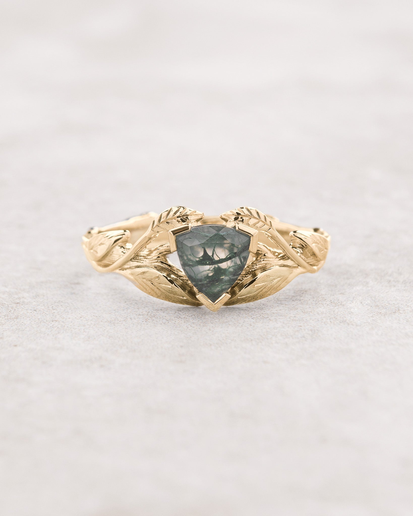 Moss agate engagement ring, trillion cut ring / Clematis - Eden Garden Jewelry™