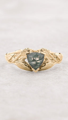 Moss agate engagement ring, trillion cut ring / Clematis - Eden Garden Jewelry™