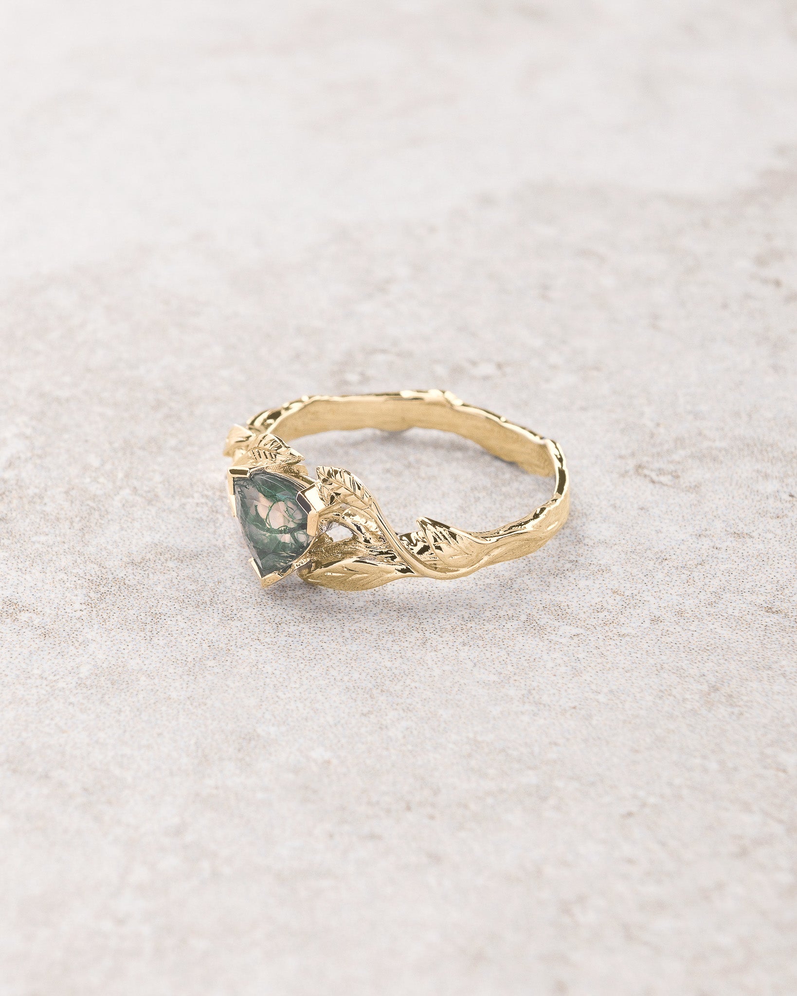 Moss agate engagement ring, trillion cut ring / Clematis - Eden Garden Jewelry™