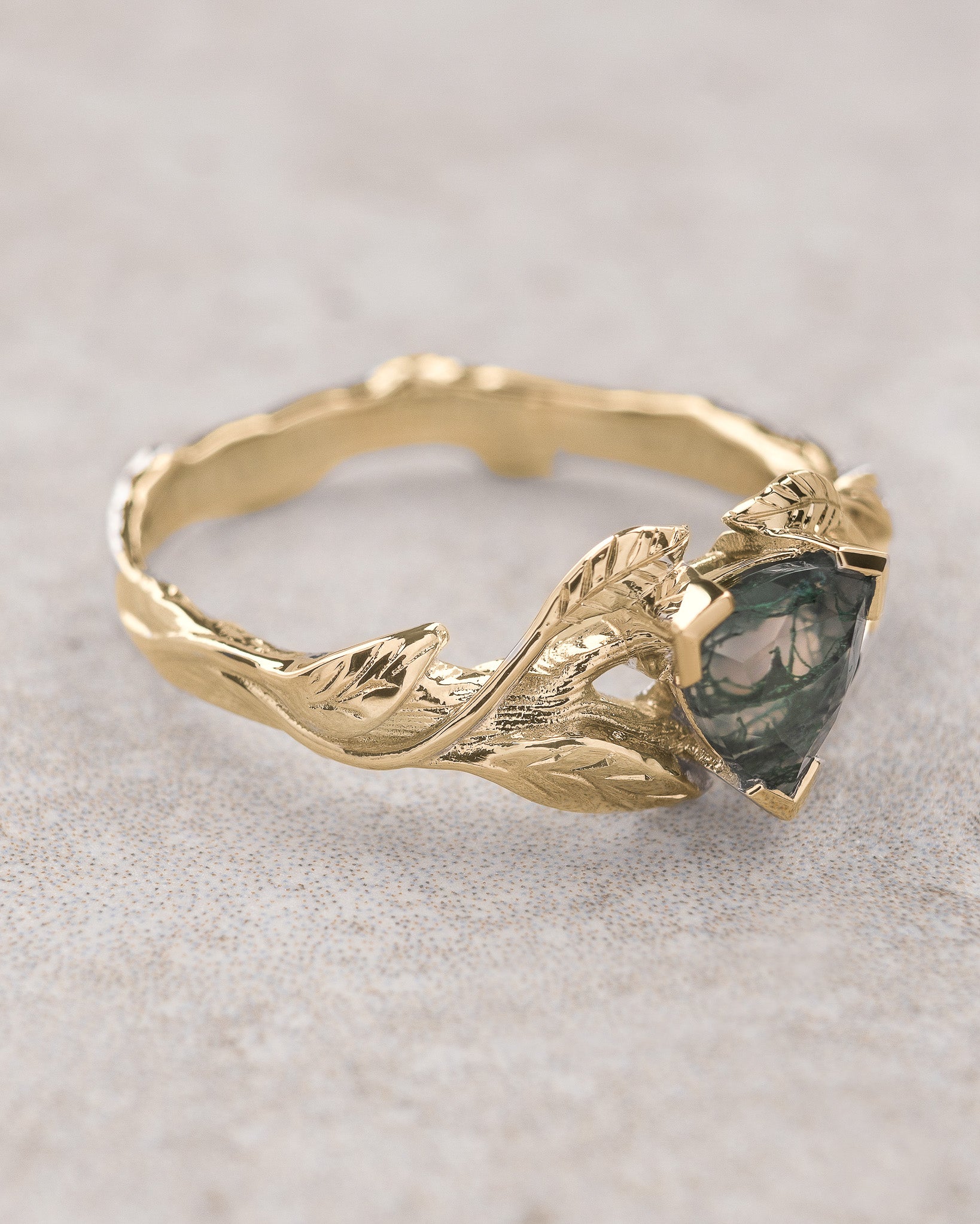 Moss agate engagement ring, trillion cut ring / Clematis - Eden Garden Jewelry™