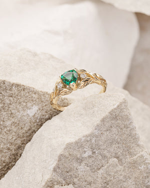 Lab emerald and diamonds bridal ring set, trillion cut gemstone engagement ring / Clematis