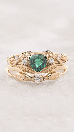 Lab emerald and diamonds bridal ring set, trillion cut gemstone engagement ring / Clematis - Eden Garden Jewelry™