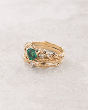 Lab emerald and diamonds bridal ring set, trillion cut gemstone engagement ring / Clematis