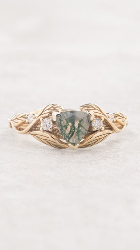 Moss agate bridal ring set, gold leaves and diamonds stacking rings / Clematis - Eden Garden Jewelry™